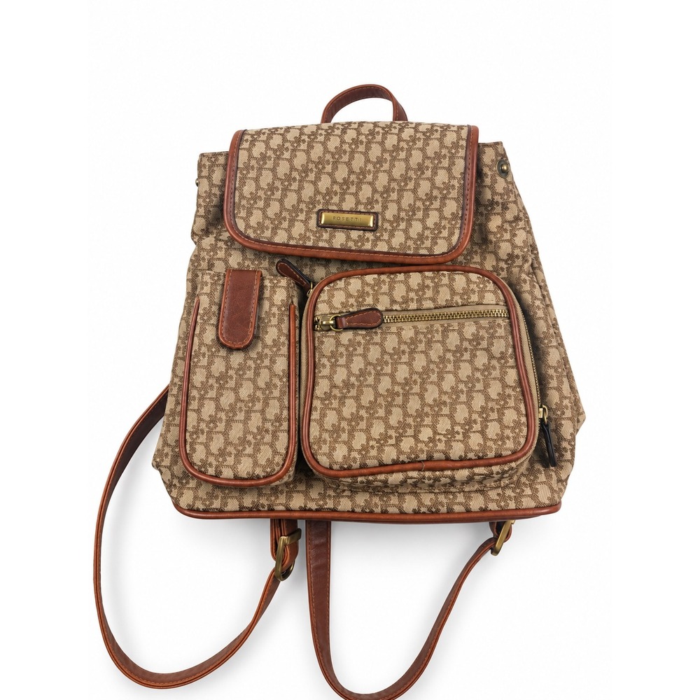 Rosetti Vintage Y2K Brown Tan Geometric Print Multi Pocket Monogram Backpack Bag